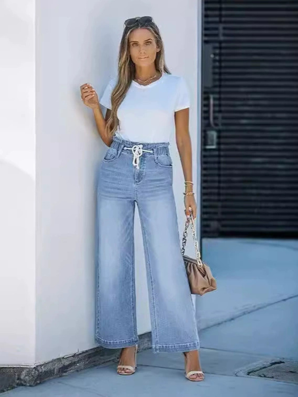 ZARA Women High Rise Elastic Waist Wide Leg Flare Loose Jeans